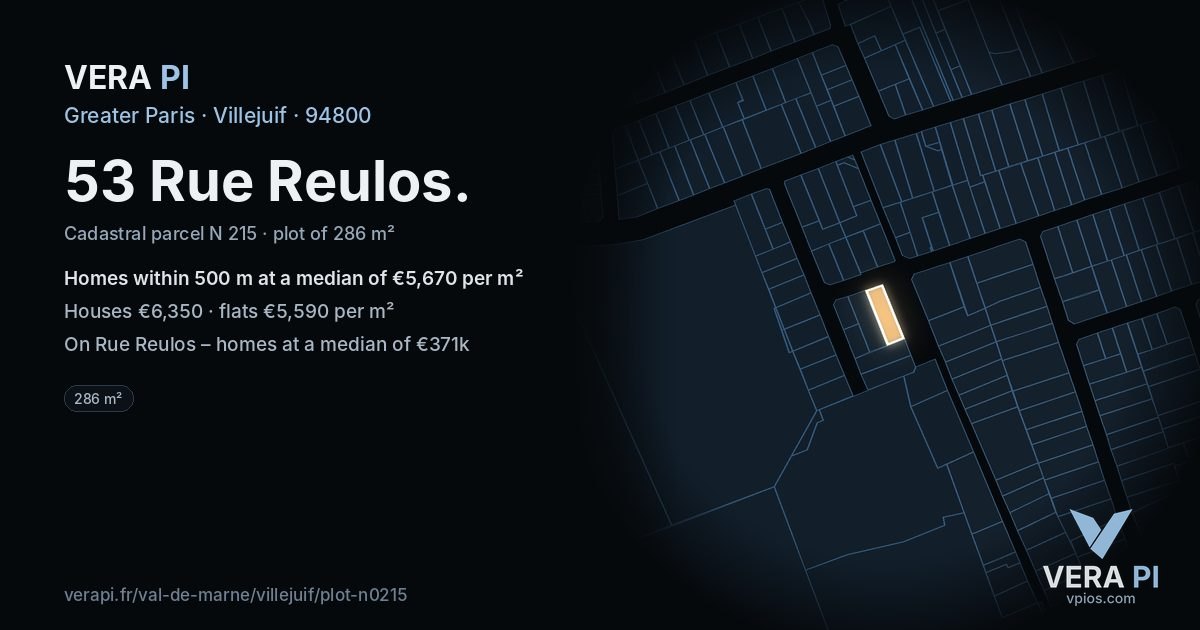 53 Rue Reulos, Villejuif at night – the plot lit, the parcels around coloured by the prices near them