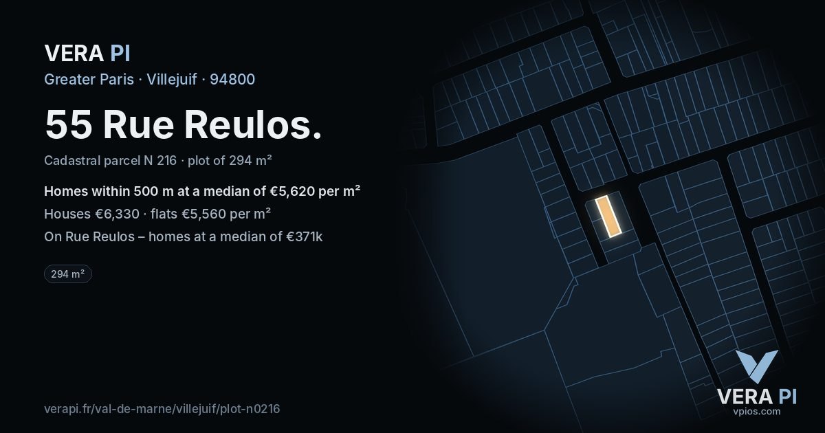 55 Rue Reulos, Villejuif at night – the plot lit, the parcels around coloured by the prices near them