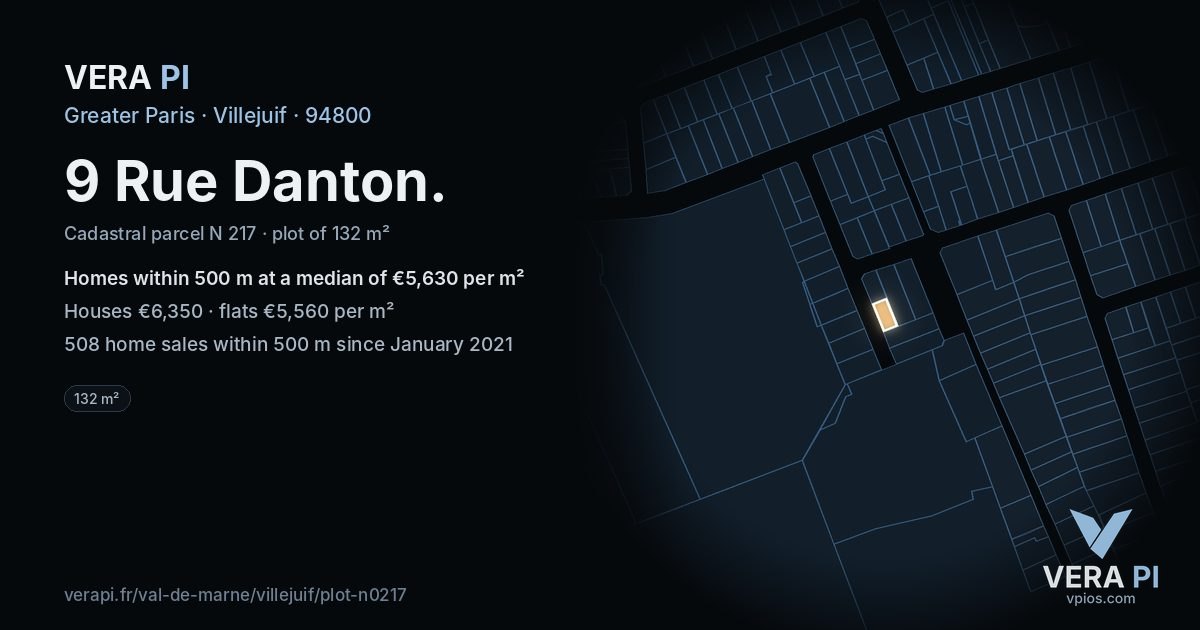 9 Rue Danton, Villejuif at night – the plot lit, the parcels around coloured by the prices near them