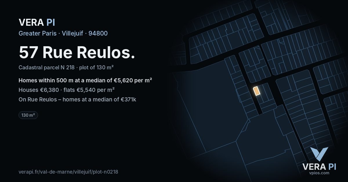 57 Rue Reulos, Villejuif at night – the plot lit, the parcels around coloured by the prices near them