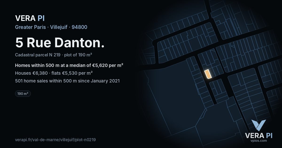 5 Rue Danton, Villejuif at night – the plot lit, the parcels around coloured by the prices near them