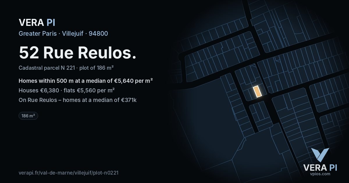 52 Rue Reulos, Villejuif at night – the plot lit, the parcels around coloured by the prices near them