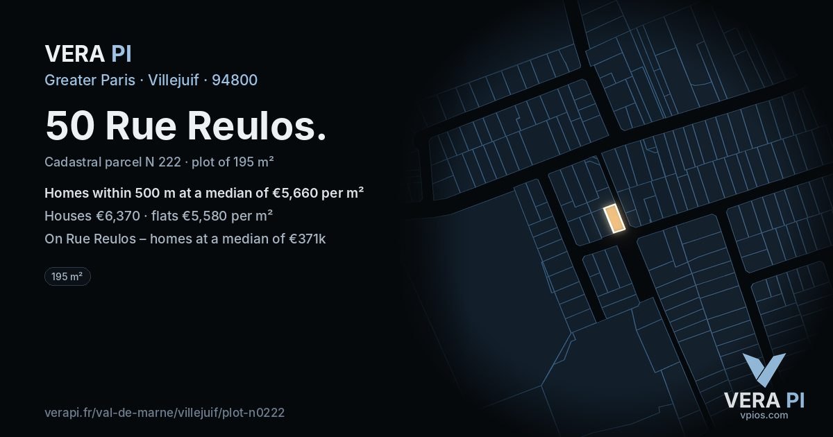 50 Rue Reulos, Villejuif at night – the plot lit, the parcels around coloured by the prices near them