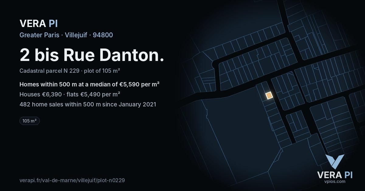 2 bis Rue Danton, Villejuif at night – the plot lit, the parcels around coloured by the prices near them