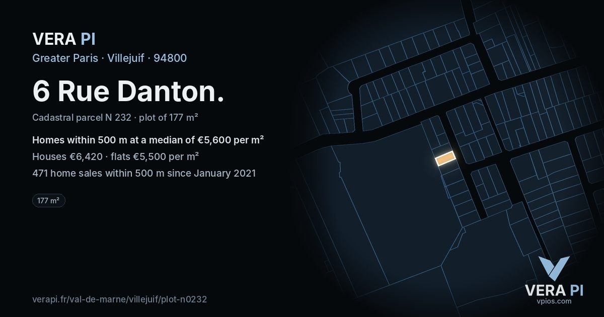 6 Rue Danton, Villejuif at night – the plot lit, the parcels around coloured by the prices near them