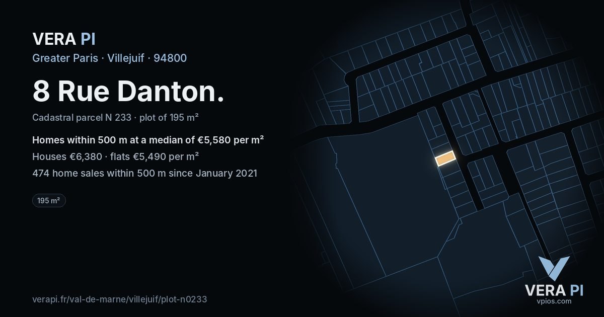 8 Rue Danton, Villejuif at night – the plot lit, the parcels around coloured by the prices near them