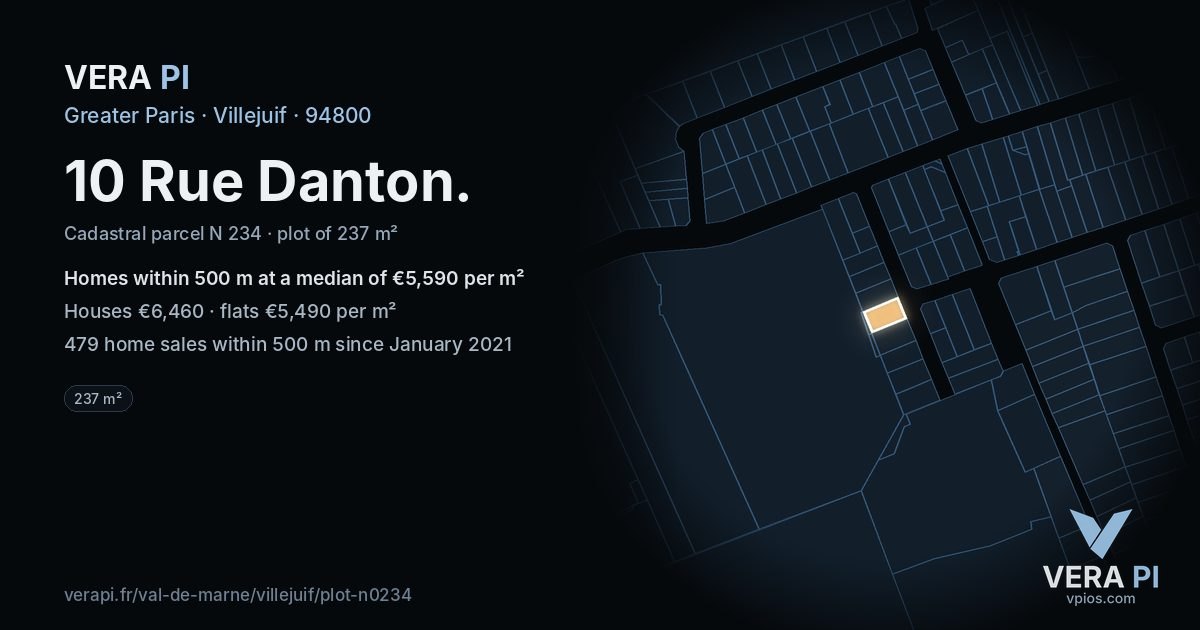 10 Rue Danton, Villejuif at night – the plot lit, the parcels around coloured by the prices near them
