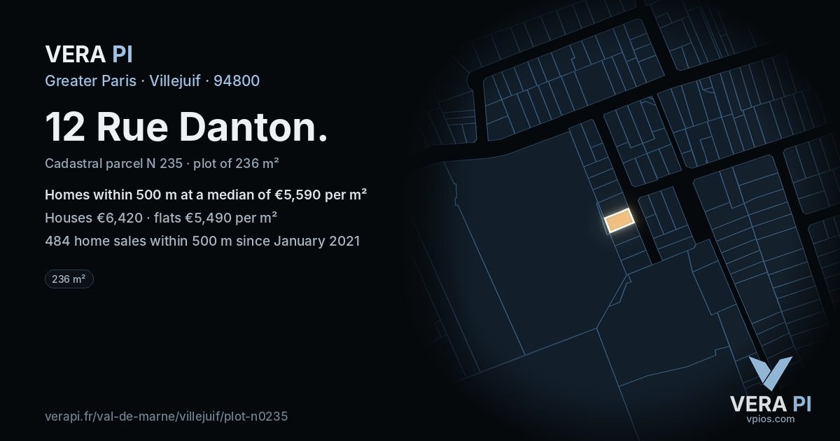 12 Rue Danton, Villejuif at night – the plot lit, the parcels around coloured by the prices near them