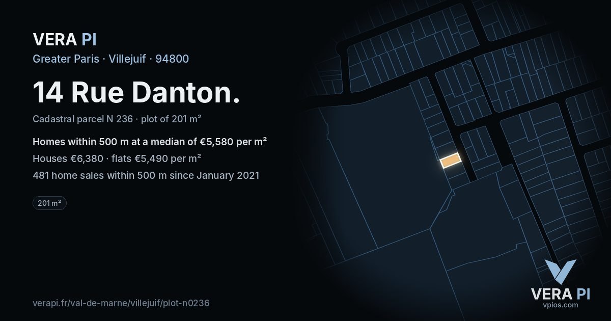 14 Rue Danton, Villejuif at night – the plot lit, the parcels around coloured by the prices near them
