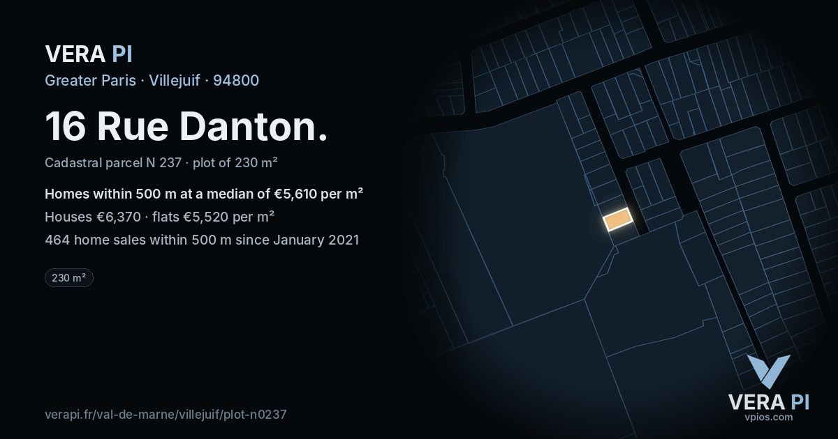 16 Rue Danton, Villejuif at night – the plot lit, the parcels around coloured by the prices near them