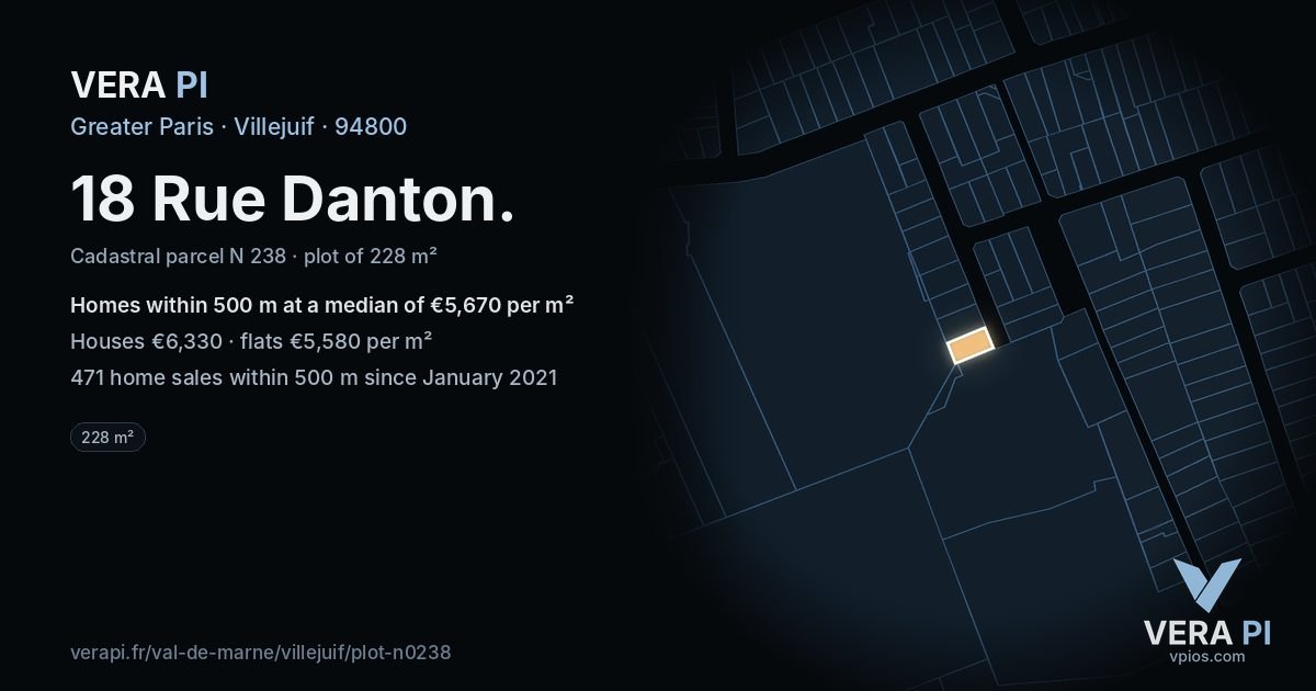 18 Rue Danton, Villejuif at night – the plot lit, the parcels around coloured by the prices near them