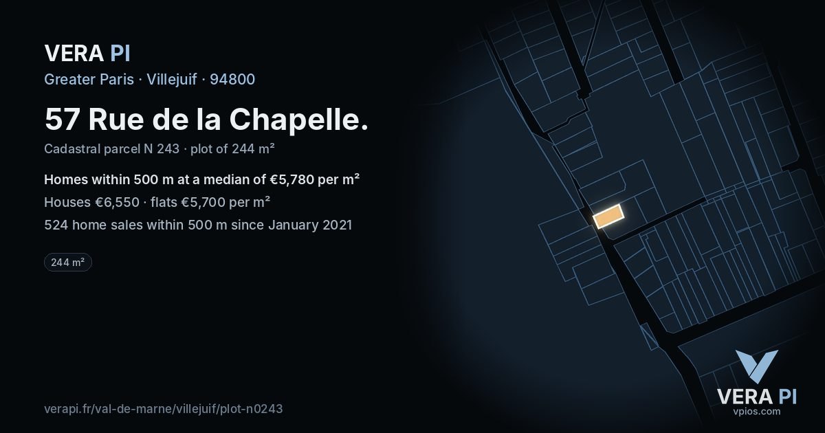 57 Rue de la Chapelle, Villejuif at night – the plot lit, the parcels around coloured by the prices near them