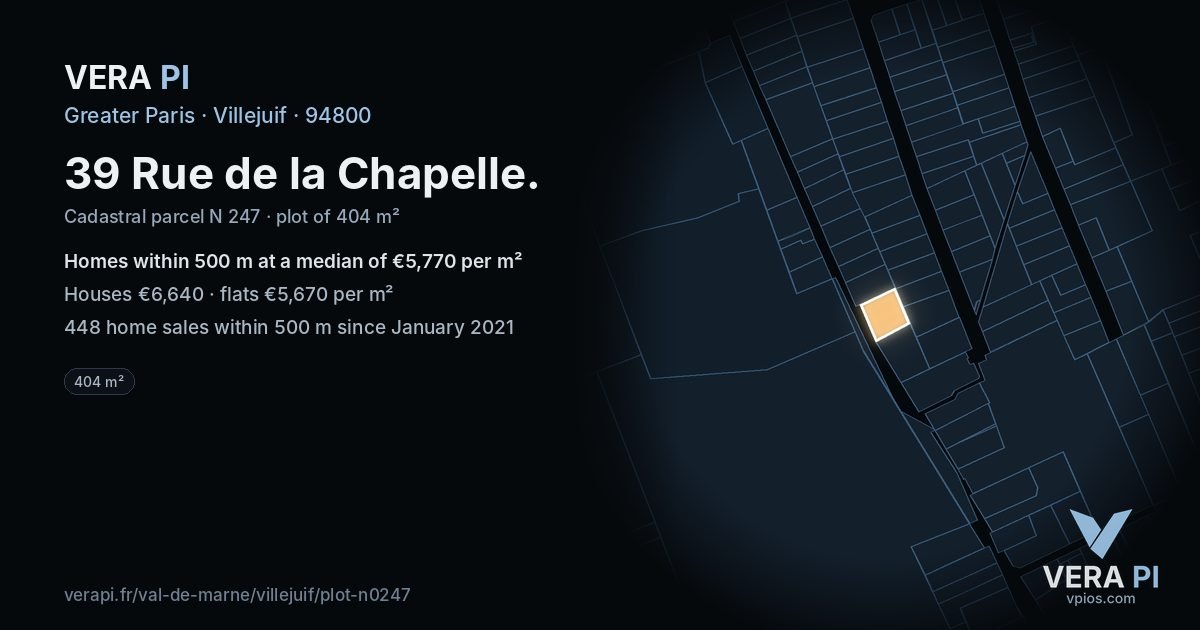 39 Rue de la Chapelle, Villejuif at night – the plot lit, the parcels around coloured by the prices near them