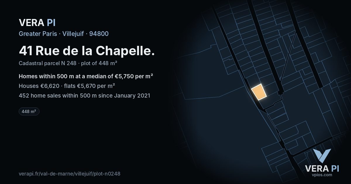 41 Rue de la Chapelle, Villejuif at night – the plot lit, the parcels around coloured by the prices near them