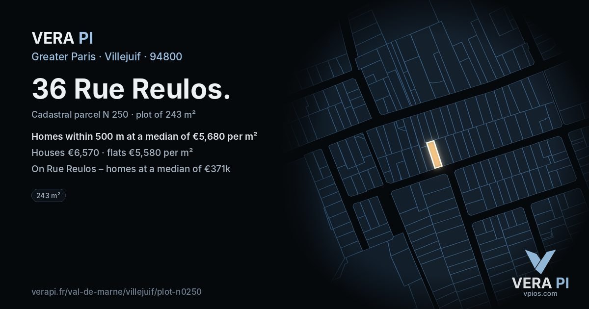 36 Rue Reulos, Villejuif at night – the plot lit, the parcels around coloured by the prices near them