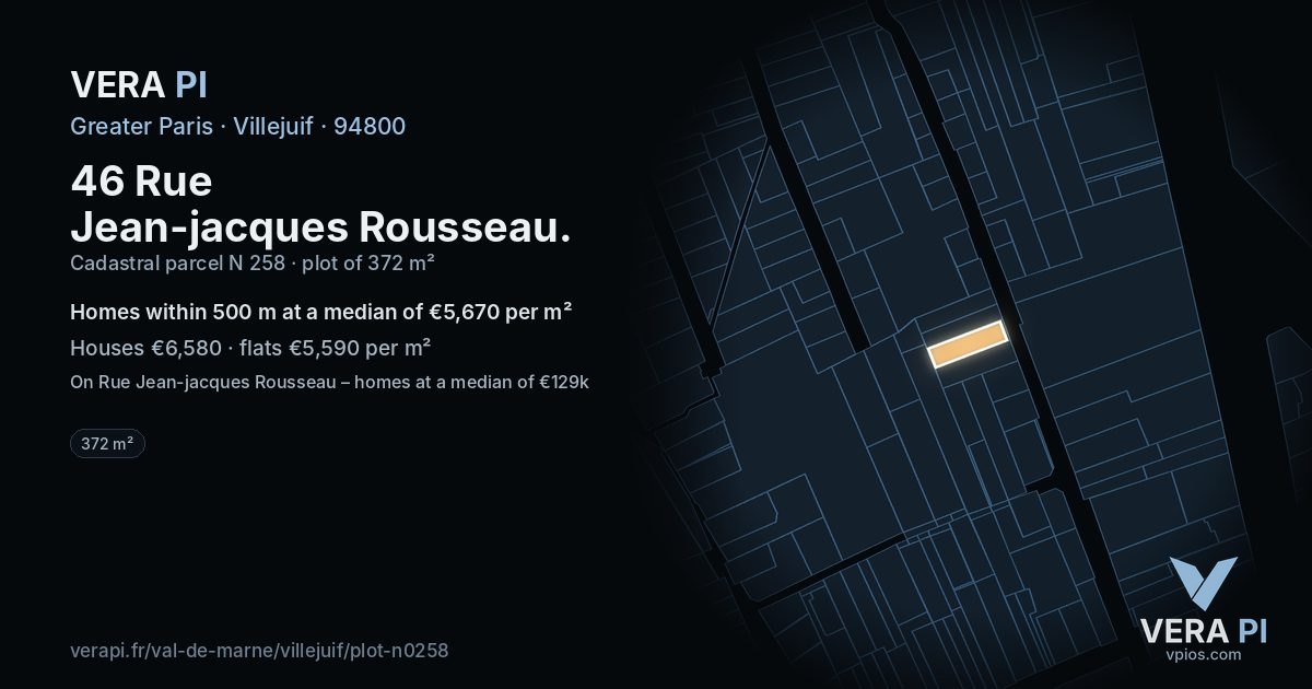 46 Rue Jean-jacques Rousseau, Villejuif at night – the plot lit, the parcels around coloured by the prices near them