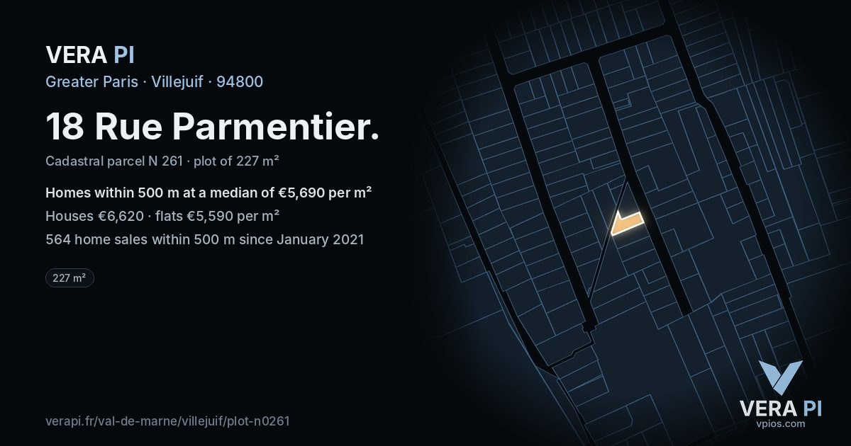 18 Rue Parmentier, Villejuif at night – the plot lit, the parcels around coloured by the prices near them