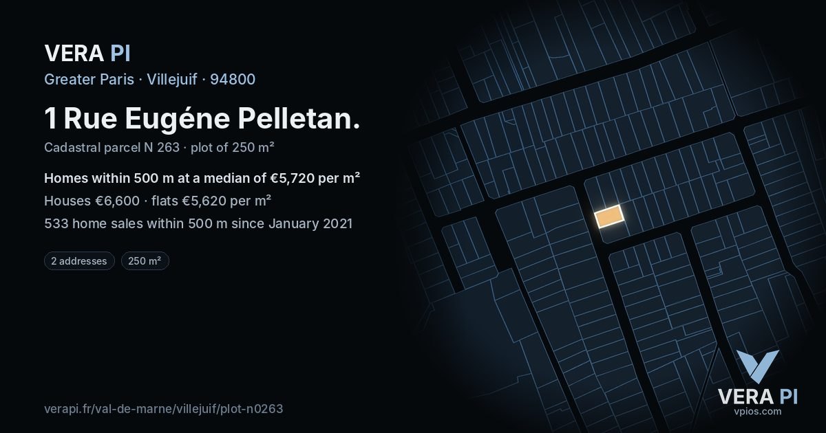1 Rue Eugéne Pelletan, Villejuif at night – the plot lit, the parcels around coloured by the prices near them