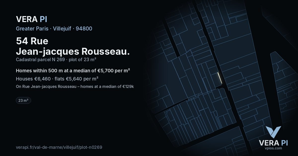 54 Rue Jean-jacques Rousseau, Villejuif at night – the plot lit, the parcels around coloured by the prices near them