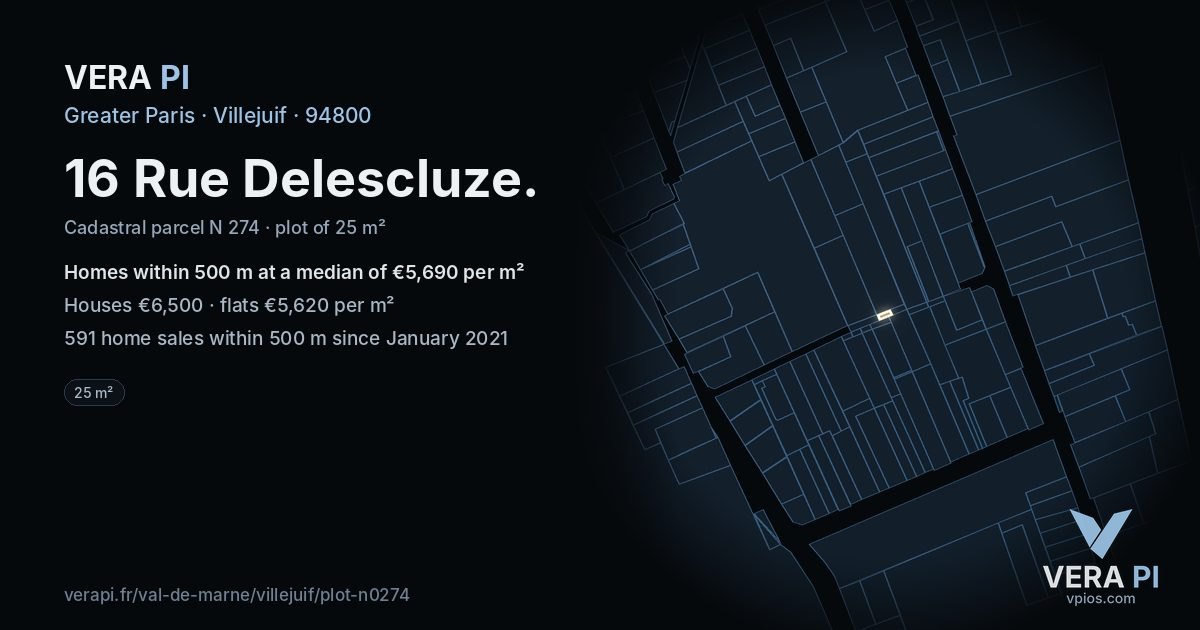 16 Rue Delescluze, Villejuif at night – the plot lit, the parcels around coloured by the prices near them