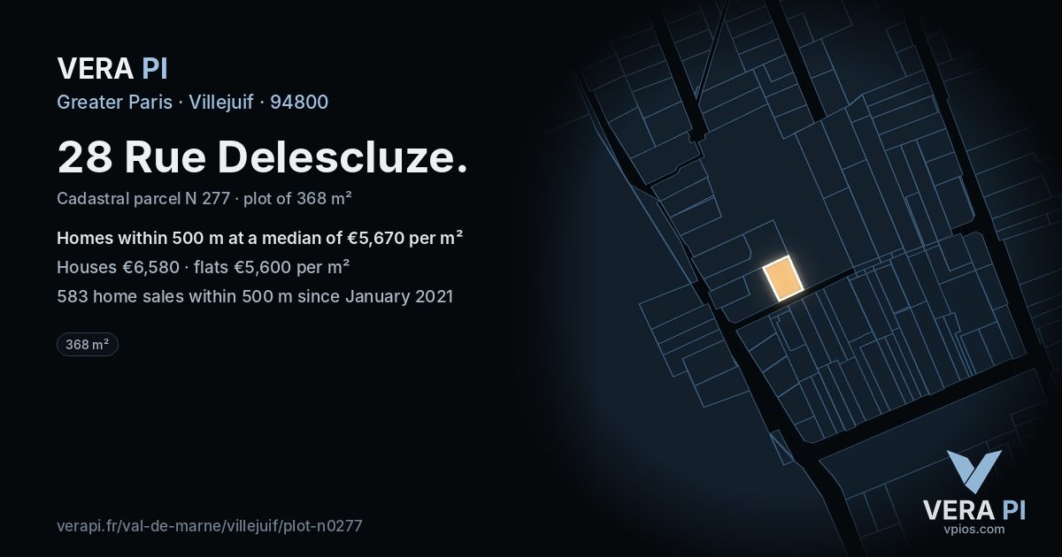 28 Rue Delescluze, Villejuif at night – the plot lit, the parcels around coloured by the prices near them