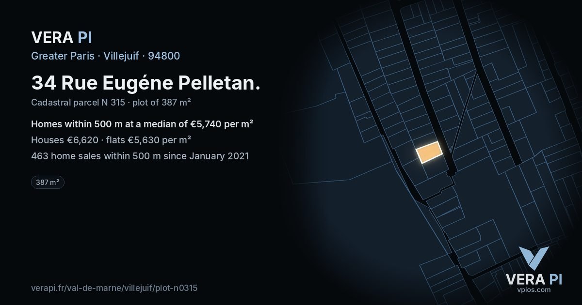 34 Rue Eugéne Pelletan, Villejuif at night – the plot lit, the parcels around coloured by the prices near them