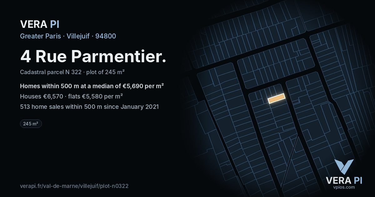 4 Rue Parmentier, Villejuif at night – the plot lit, the parcels around coloured by the prices near them