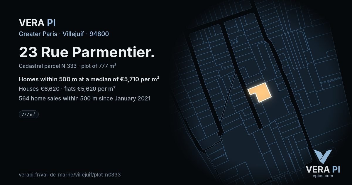 23 Rue Parmentier, Villejuif at night – the plot lit, the parcels around coloured by the prices near them