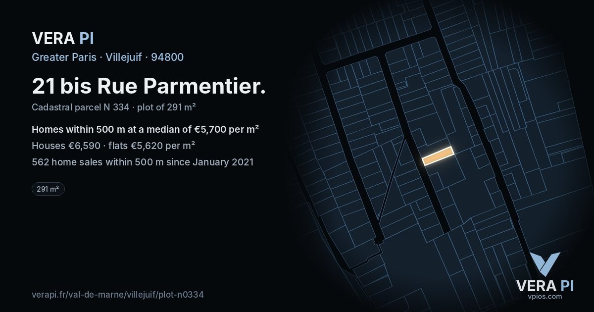 21 bis Rue Parmentier, Villejuif at night – the plot lit, the parcels around coloured by the prices near them