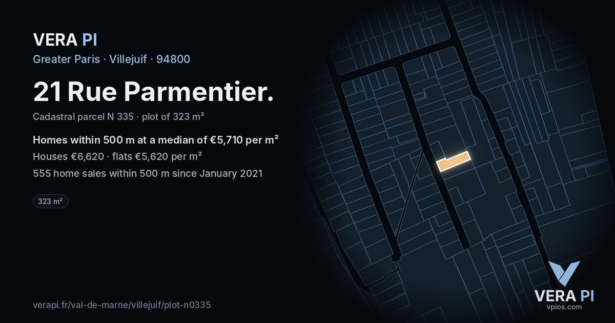 21 Rue Parmentier, Villejuif at night – the plot lit, the parcels around coloured by the prices near them