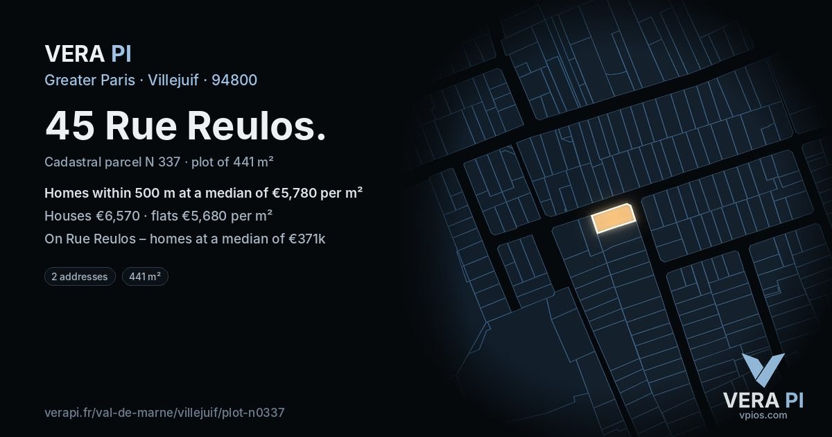 45 Rue Reulos, Villejuif at night – the plot lit, the parcels around coloured by the prices near them