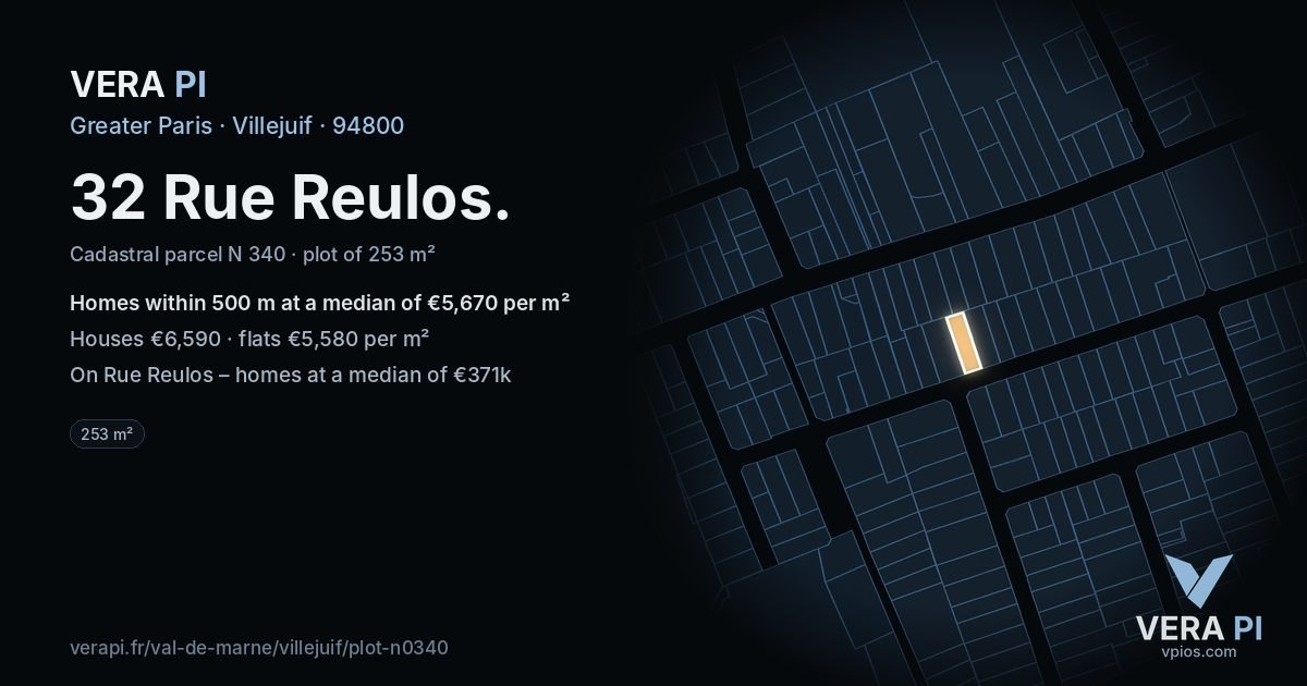 32 Rue Reulos, Villejuif at night – the plot lit, the parcels around coloured by the prices near them