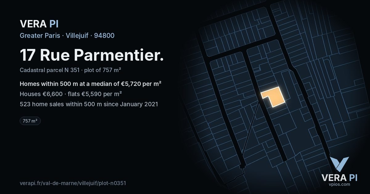 17 Rue Parmentier, Villejuif at night – the plot lit, the parcels around coloured by the prices near them