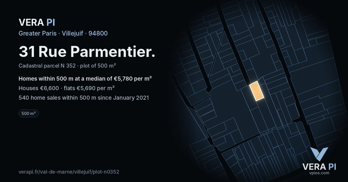 31 Rue Parmentier, Villejuif at night – the plot lit, the parcels around coloured by the prices near them