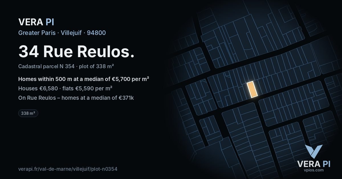 34 Rue Reulos, Villejuif at night – the plot lit, the parcels around coloured by the prices near them
