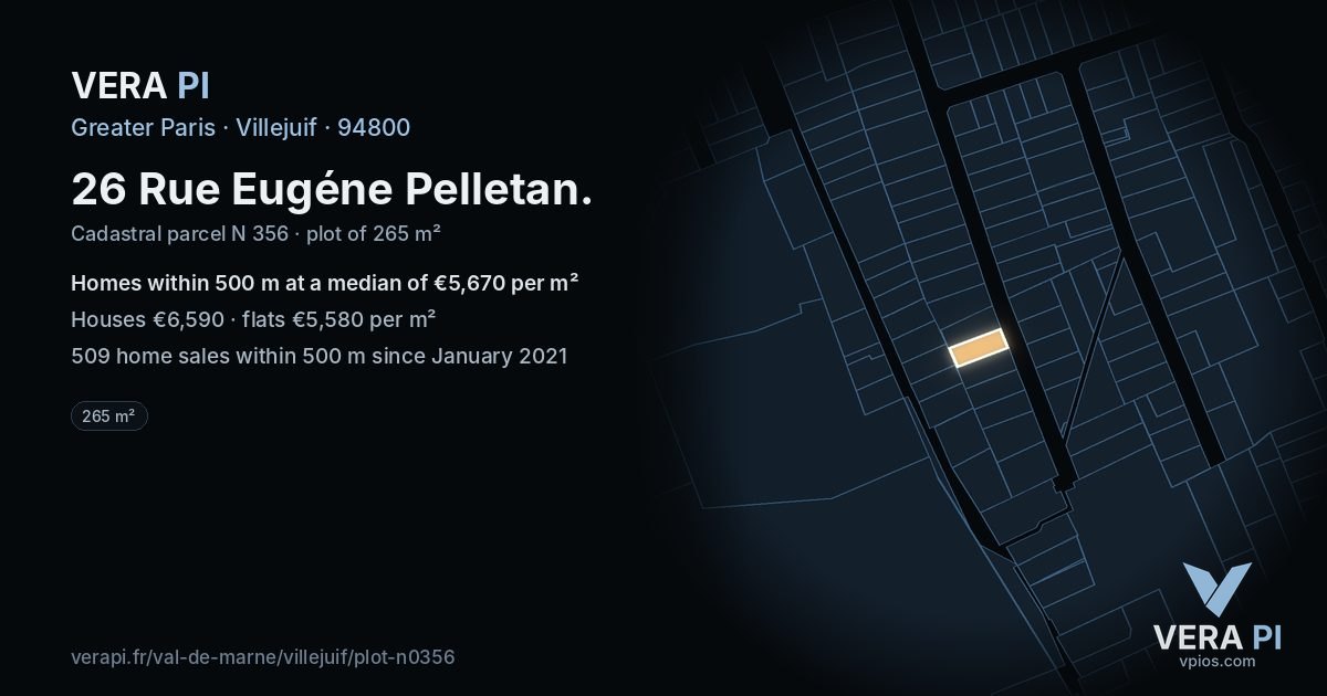 26 Rue Eugéne Pelletan, Villejuif at night – the plot lit, the parcels around coloured by the prices near them