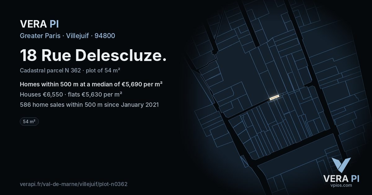 18 Rue Delescluze, Villejuif at night – the plot lit, the parcels around coloured by the prices near them