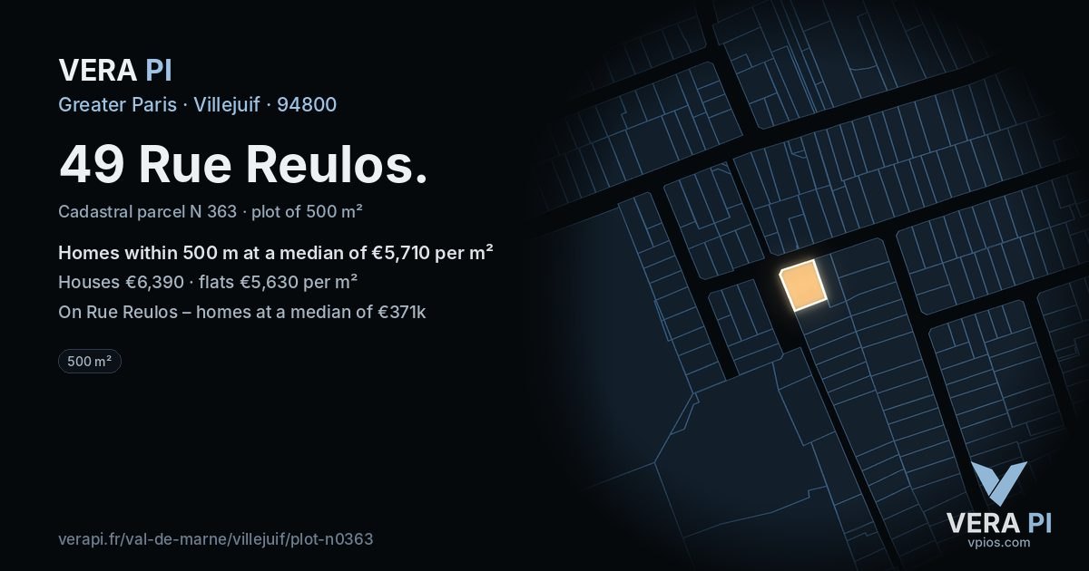 49 Rue Reulos, Villejuif at night – the plot lit, the parcels around coloured by the prices near them