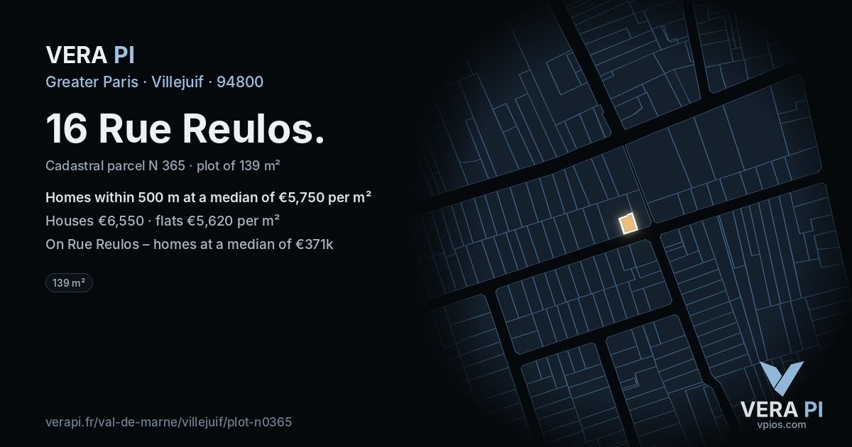 16 Rue Reulos, Villejuif at night – the plot lit, the parcels around coloured by the prices near them