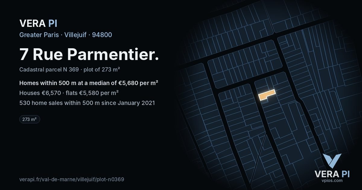 7 Rue Parmentier, Villejuif at night – the plot lit, the parcels around coloured by the prices near them