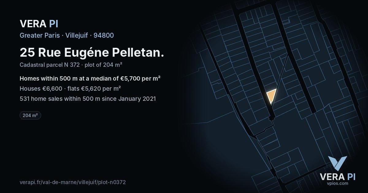 25 Rue Eugéne Pelletan, Villejuif at night – the plot lit, the parcels around coloured by the prices near them