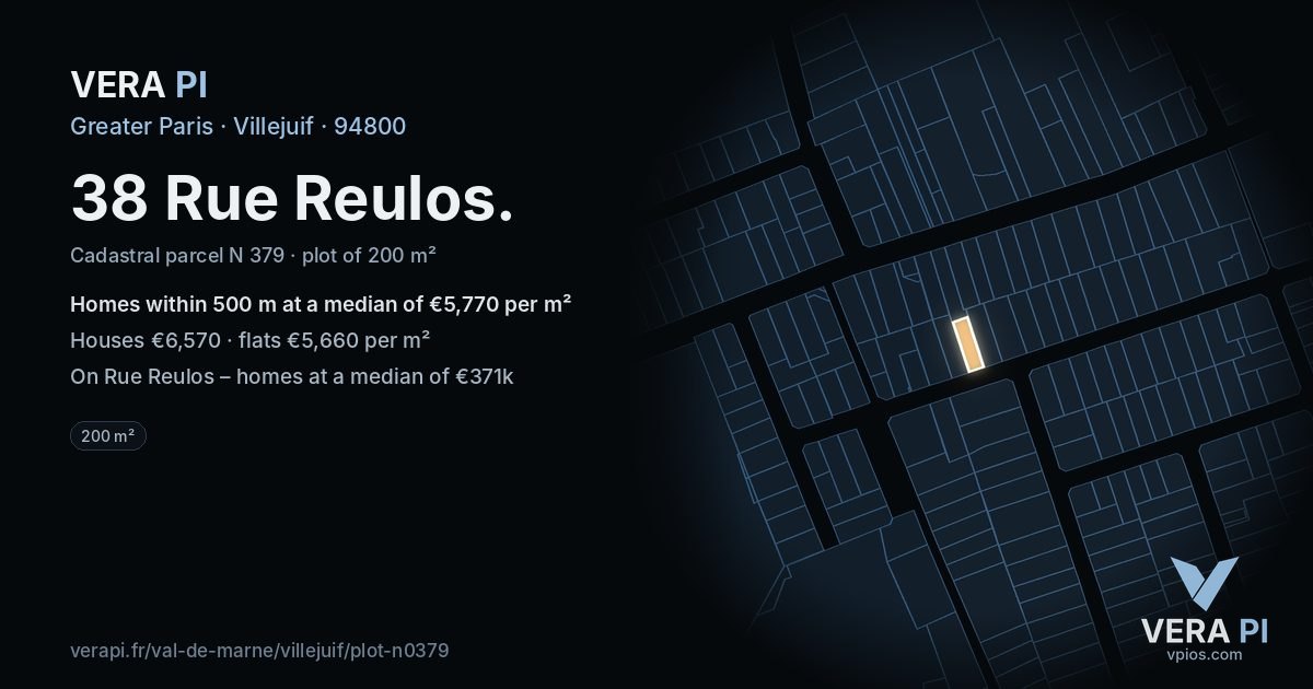 38 Rue Reulos, Villejuif at night – the plot lit, the parcels around coloured by the prices near them