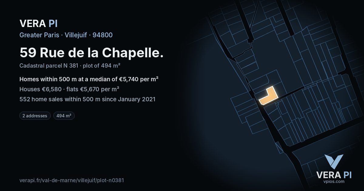 59 Rue de la Chapelle, Villejuif at night – the plot lit, the parcels around coloured by the prices near them
