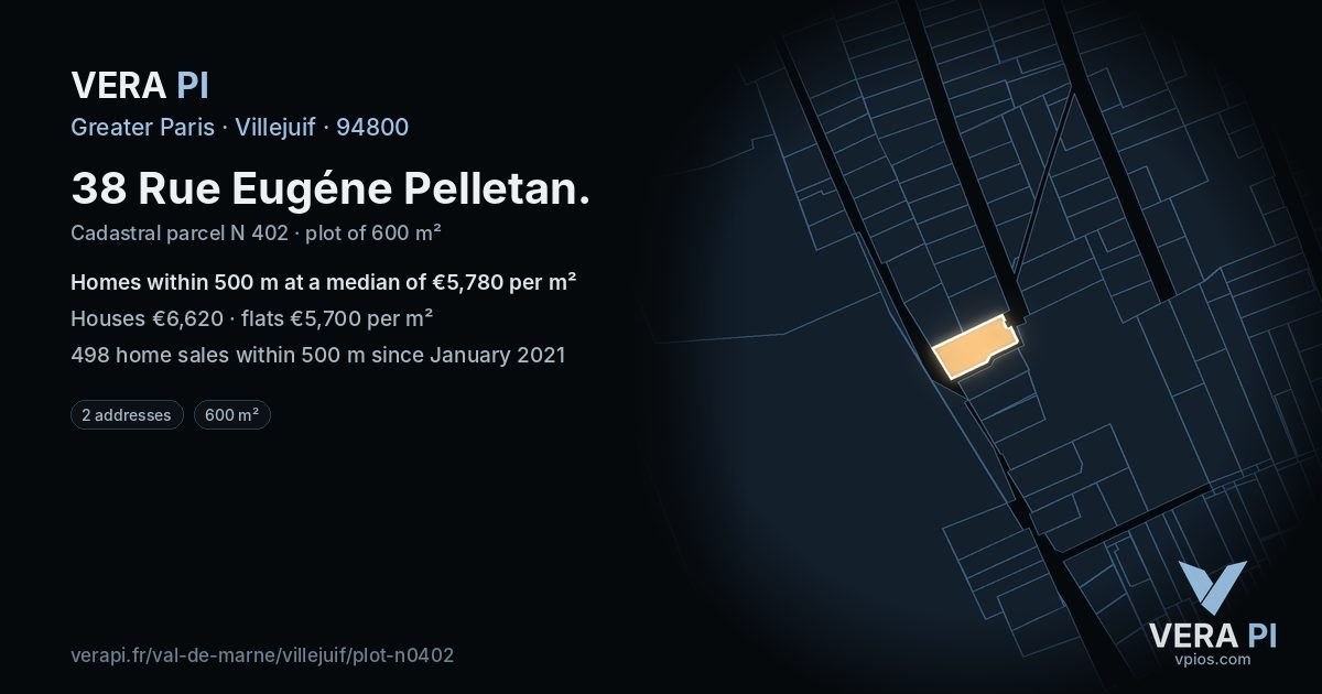 38 Rue Eugéne Pelletan, Villejuif at night – the plot lit, the parcels around coloured by the prices near them