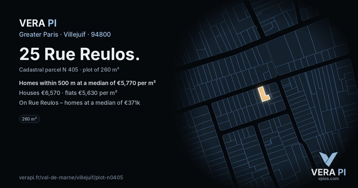 25 Rue Reulos, Villejuif at night – the plot lit, the parcels around coloured by the prices near them