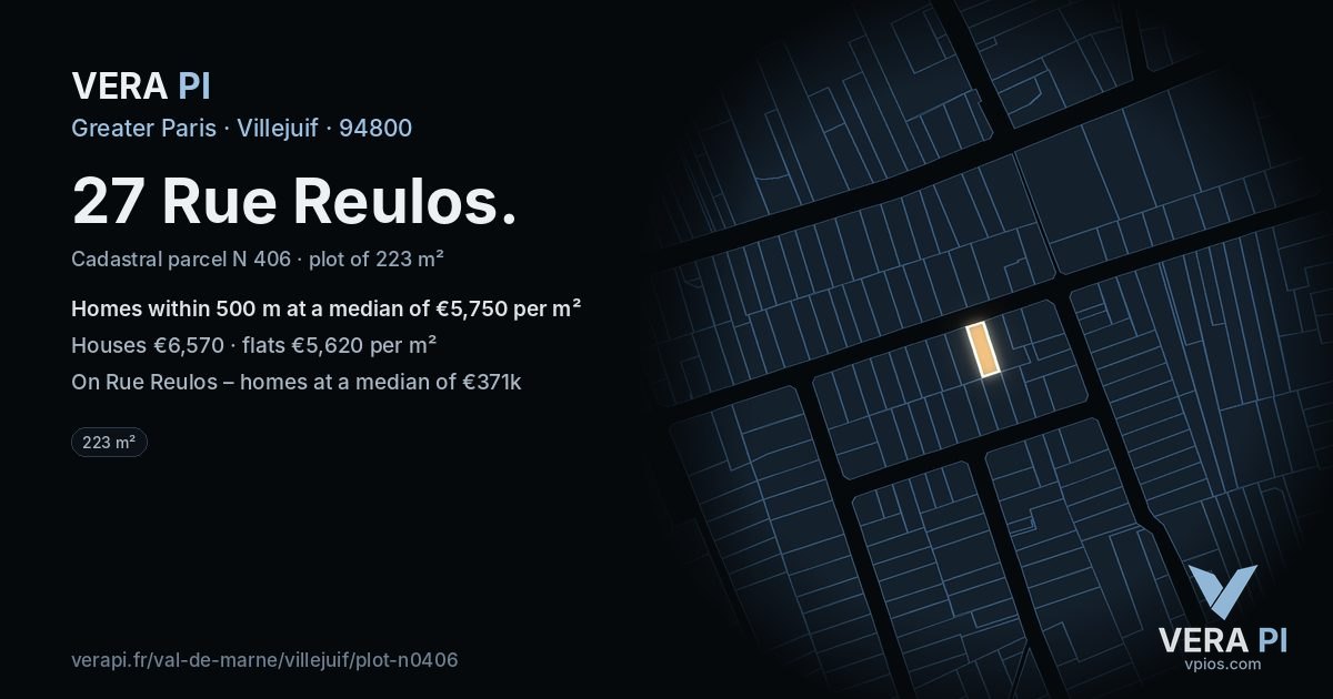27 Rue Reulos, Villejuif at night – the plot lit, the parcels around coloured by the prices near them