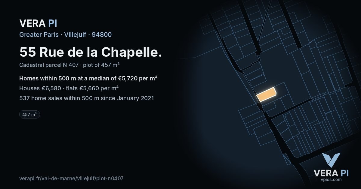 55 Rue de la Chapelle, Villejuif at night – the plot lit, the parcels around coloured by the prices near them