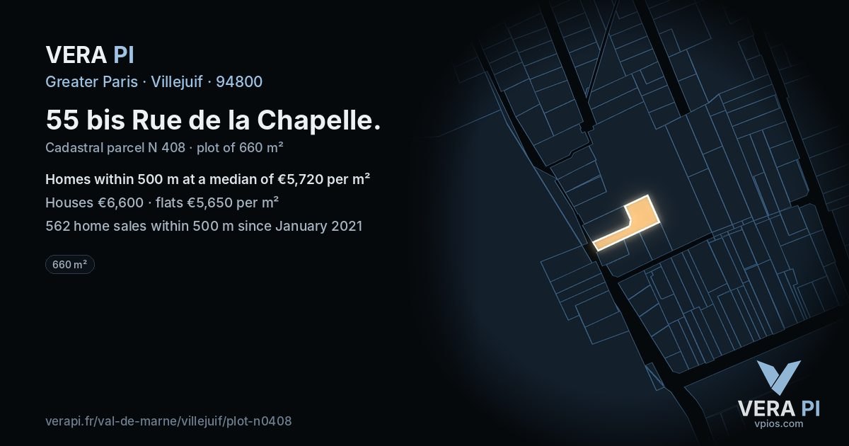 55 bis Rue de la Chapelle, Villejuif at night – the plot lit, the parcels around coloured by the prices near them