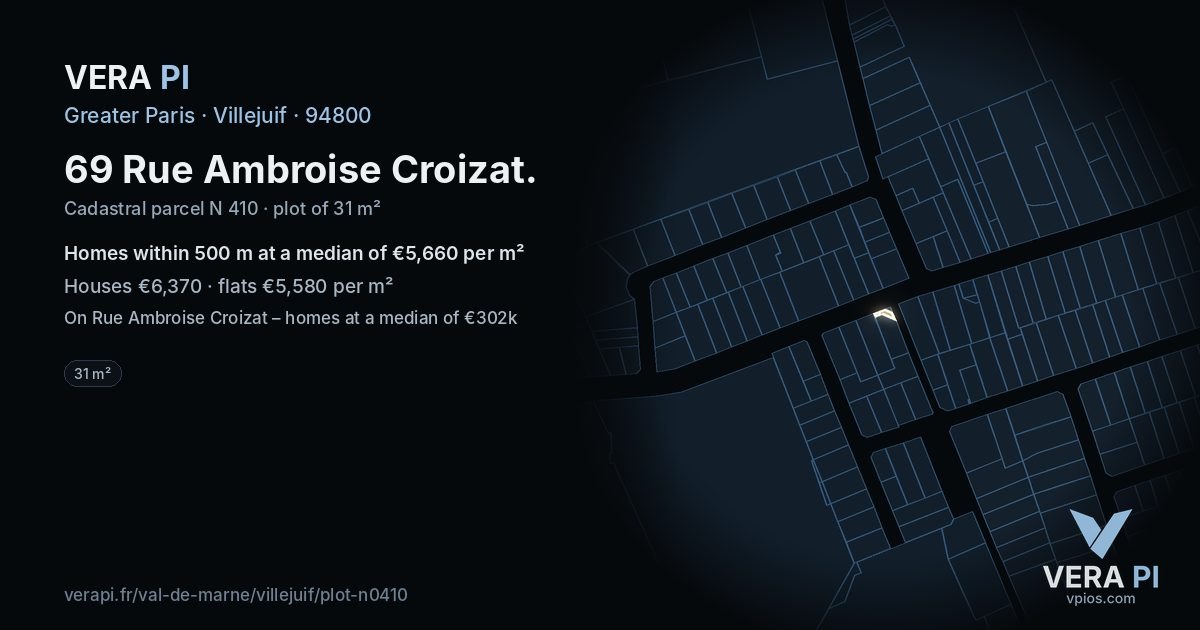 69 Rue Ambroise Croizat, Villejuif at night – the plot lit, the parcels around coloured by the prices near them