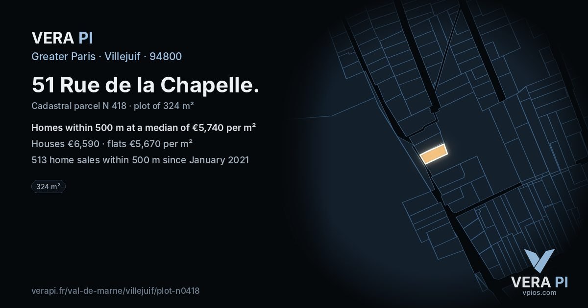 51 Rue de la Chapelle, Villejuif at night – the plot lit, the parcels around coloured by the prices near them